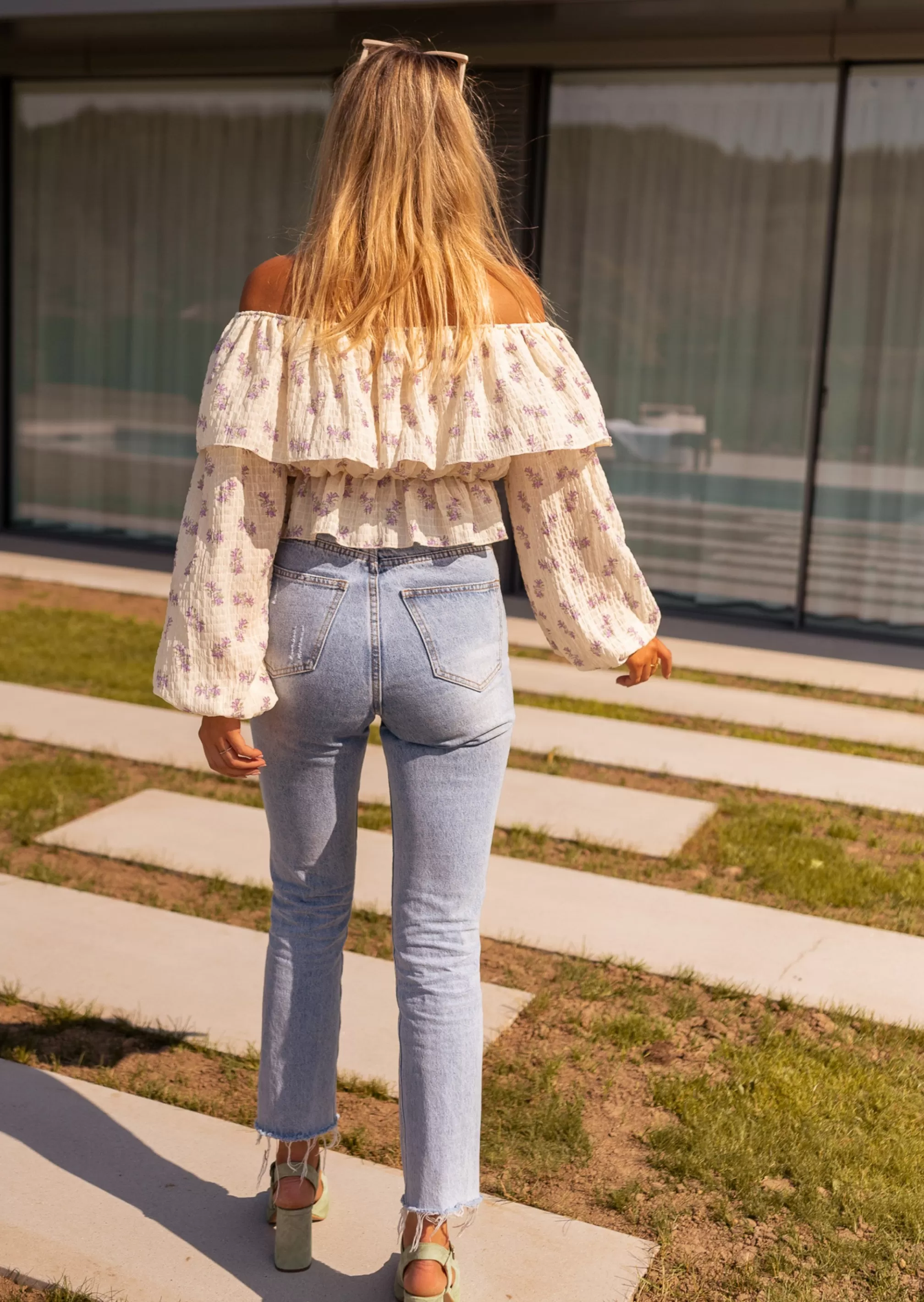 Beige Paola Blouse And Purple Flower | Bardot Collar Blouse | Ready To-Porter Online | -Easy Clothes New
