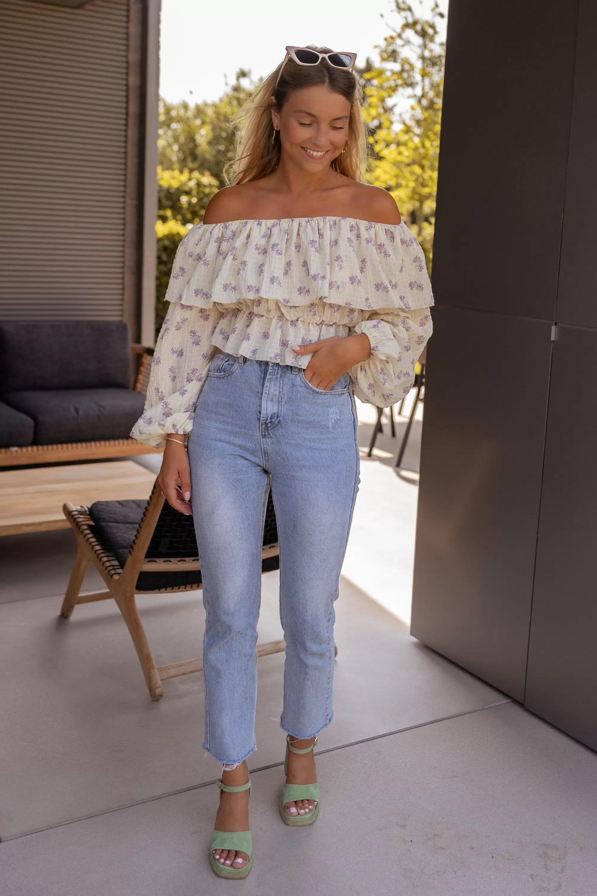 Beige Paola Blouse And Purple Flower | Bardot Collar Blouse | Ready To-Porter Online | -Easy Clothes New