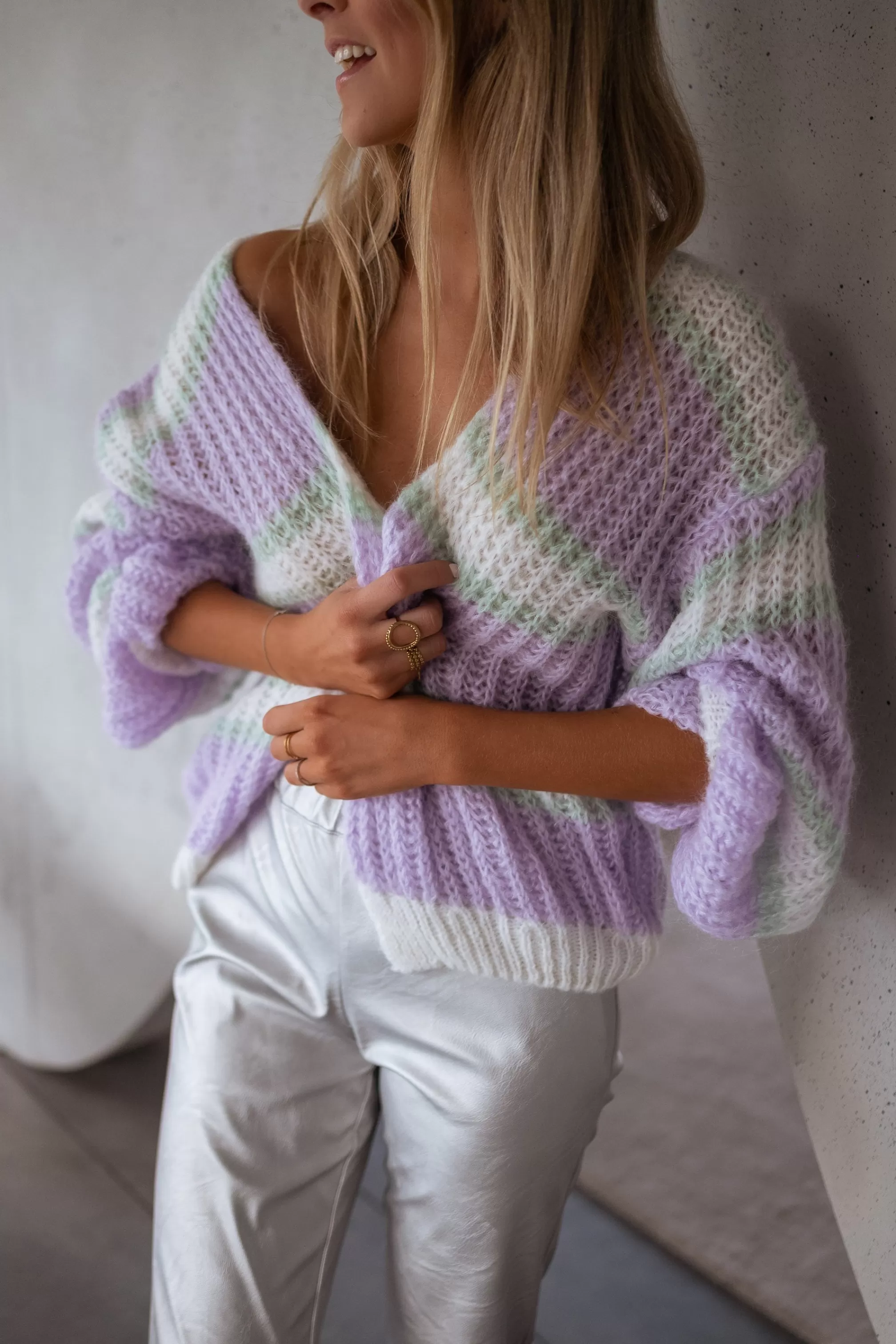 Cardigan Janet Purple, Ecru And Green | Cardigan Bernadette Lined | Ready To-Porter Online | -Easy Clothes New