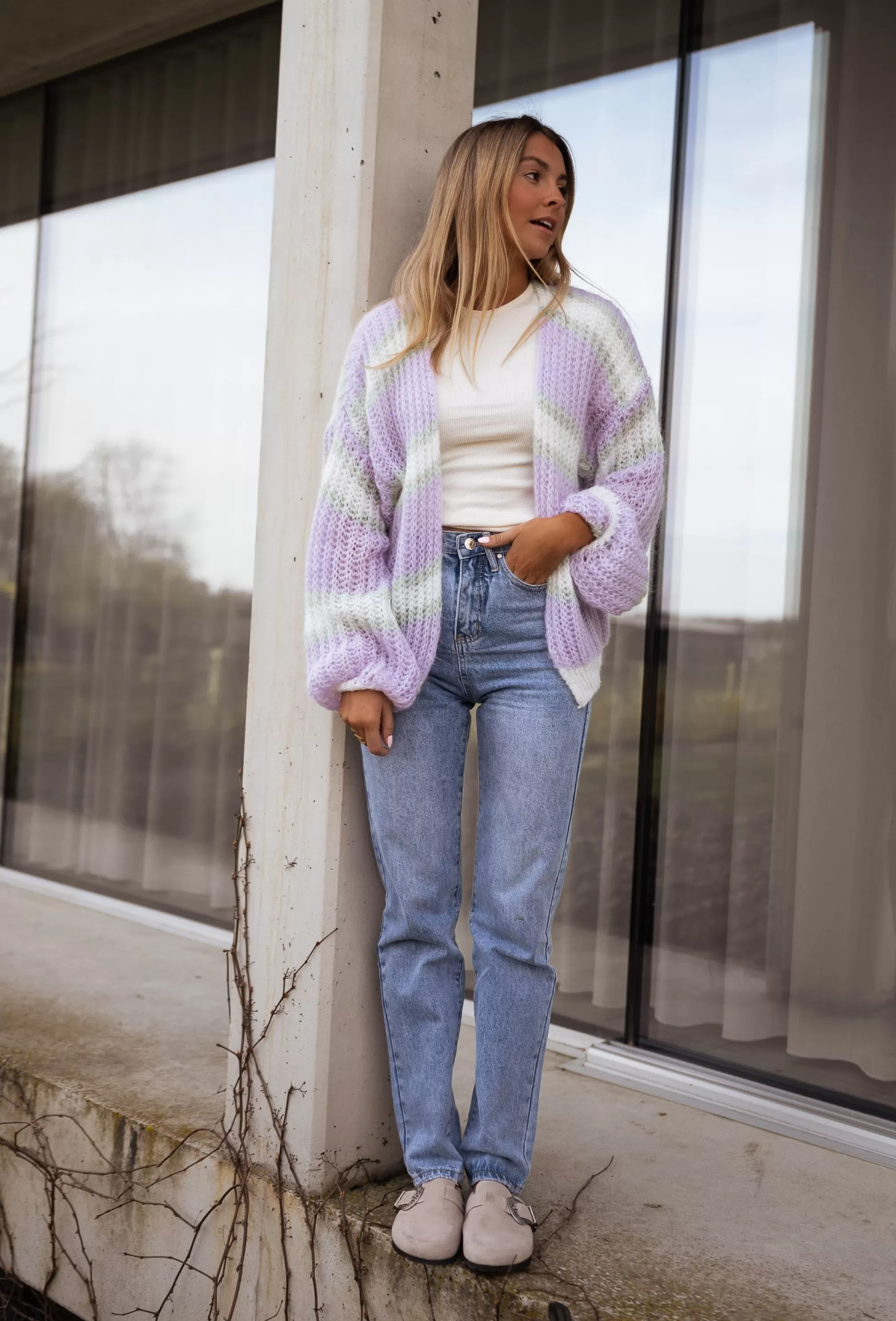 Cardigan Janet Purple, Ecru And Green | Cardigan Bernadette Lined | Ready To-Porter Online | -Easy Clothes New