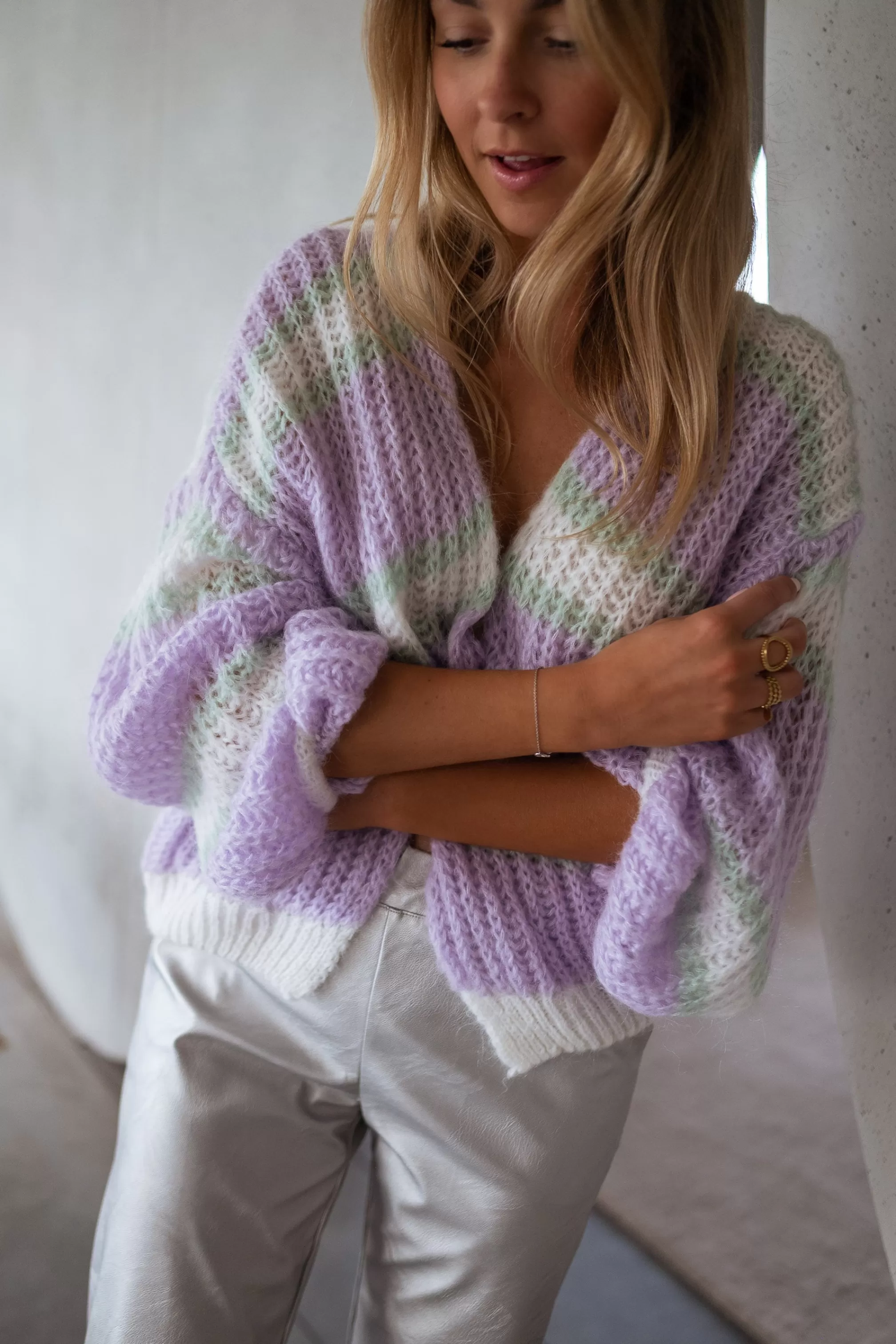 Cardigan Janet Purple, Ecru And Green | Cardigan Bernadette Lined | Ready To-Porter Online | -Easy Clothes New