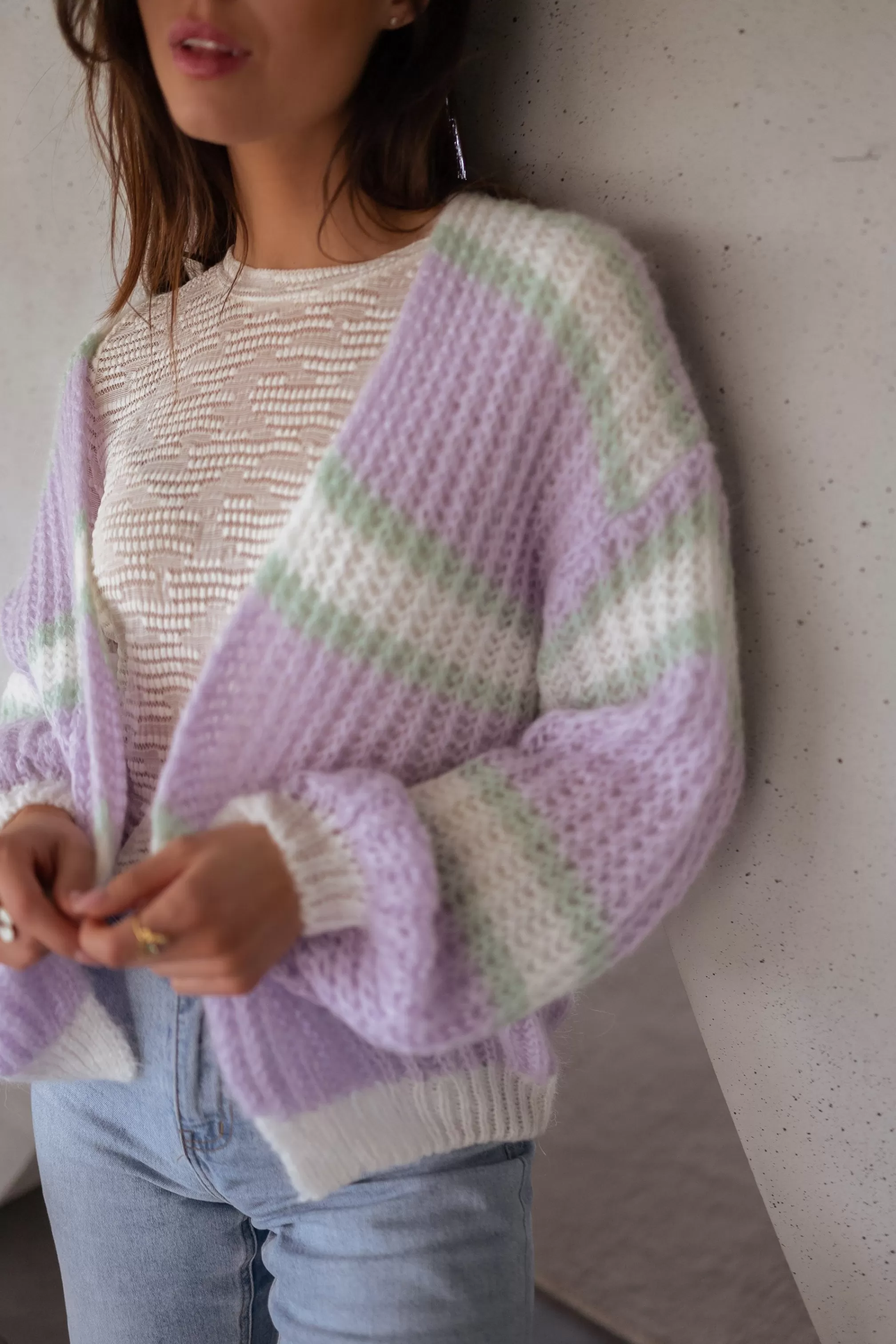 Cardigan Janet Purple, Ecru And Green | Cardigan Bernadette Lined | Ready To-Porter Online | -Easy Clothes New