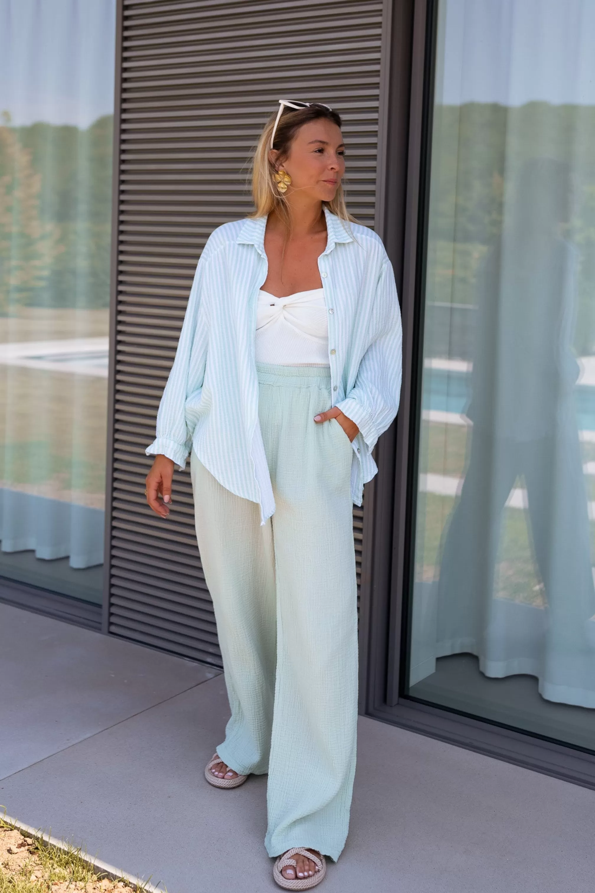 Green And White Bianca Shirt In CONTON GAUZE | Large Shirt In Cotton | Ready To-Porter Online | -Easy Clothes Discount