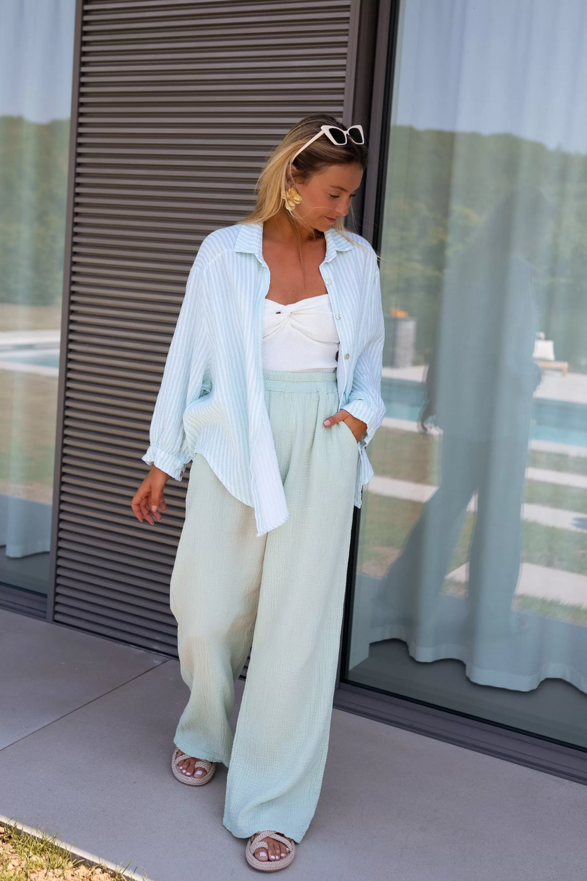 Green And White Bianca Shirt In CONTON GAUZE | Large Shirt In Cotton | Ready To-Porter Online | -Easy Clothes Discount