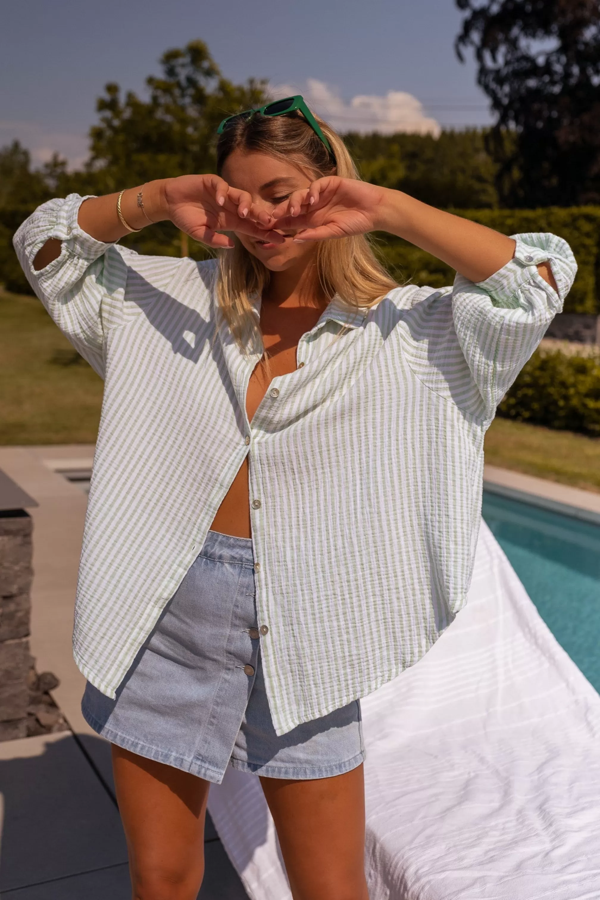 Green And White Bianca Shirt In CONTON GAUZE | Large Shirt In Cotton | Ready To-Porter Online | -Easy Clothes Discount