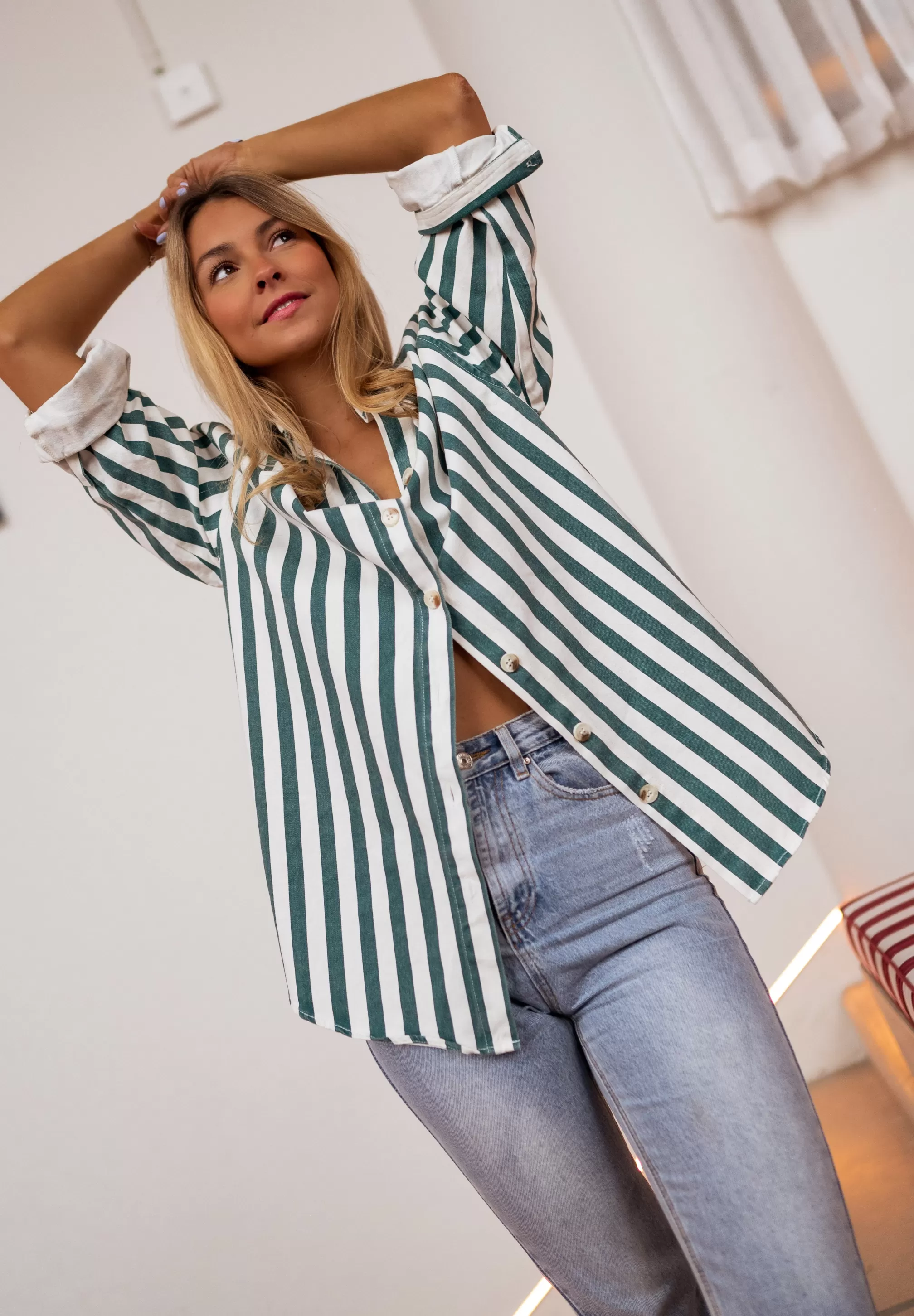Kalina Shirt Lined Green Jeans Effect | Oversized Shirt | Ready To-Porter Online | -Easy Clothes Shop