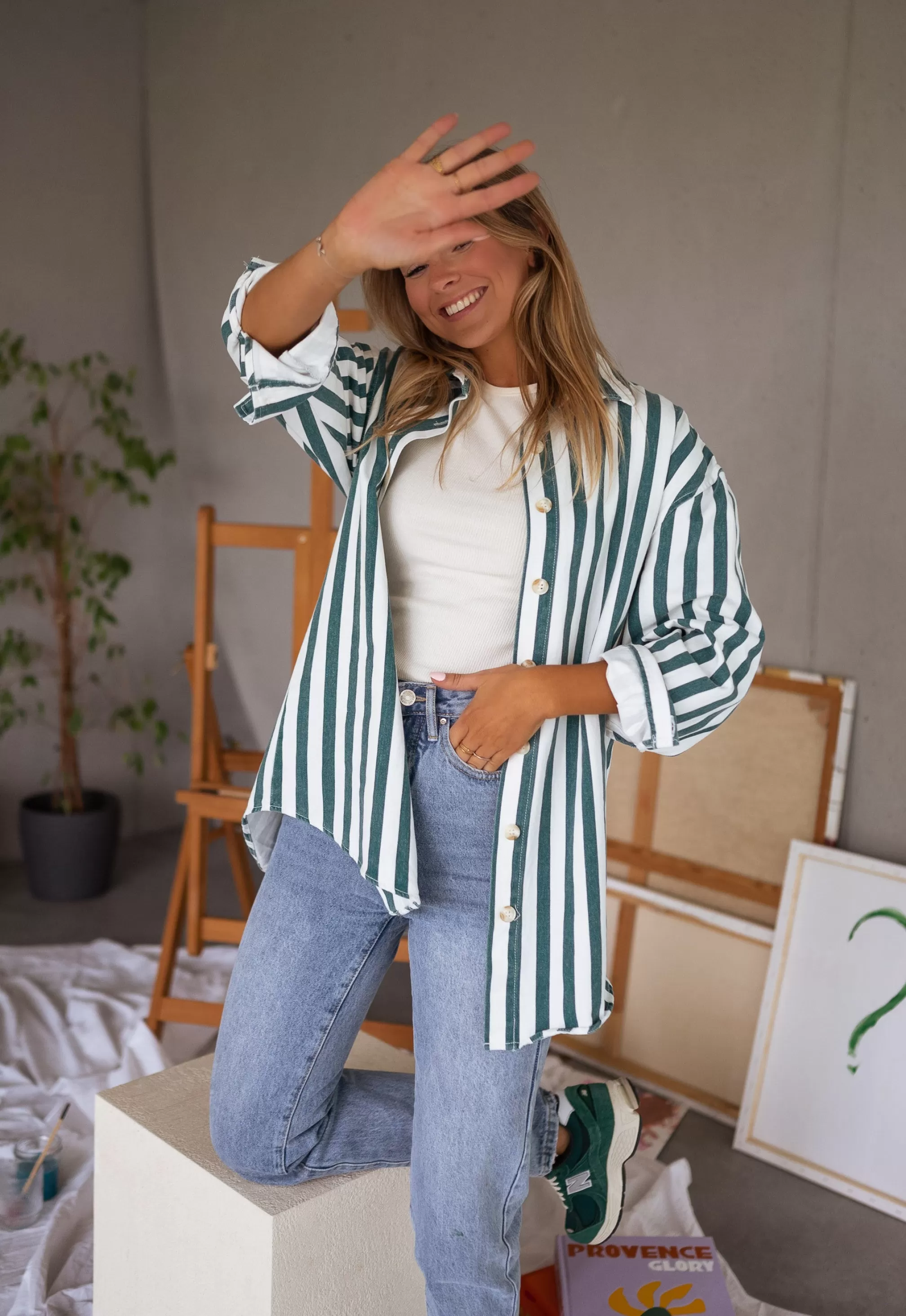 Kalina Shirt Lined Green Jeans Effect | Oversized Shirt | Ready To-Porter Online | -Easy Clothes Shop