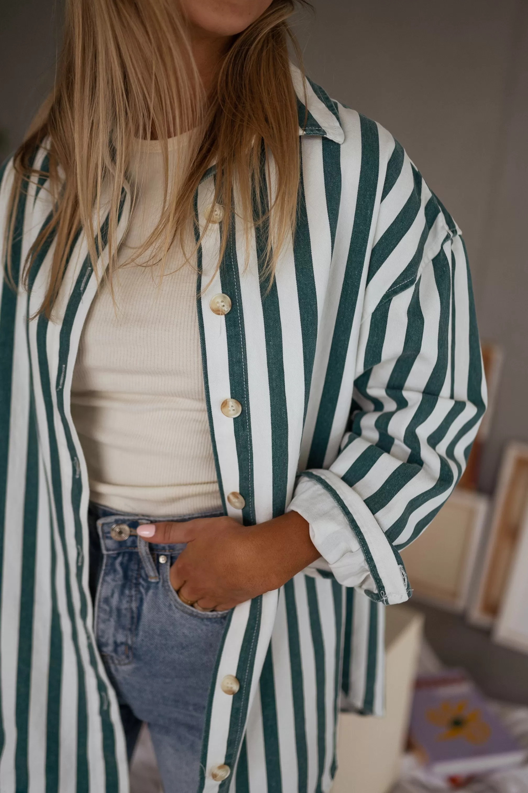 Kalina Shirt Lined Green Jeans Effect | Oversized Shirt | Ready To-Porter Online | -Easy Clothes Shop