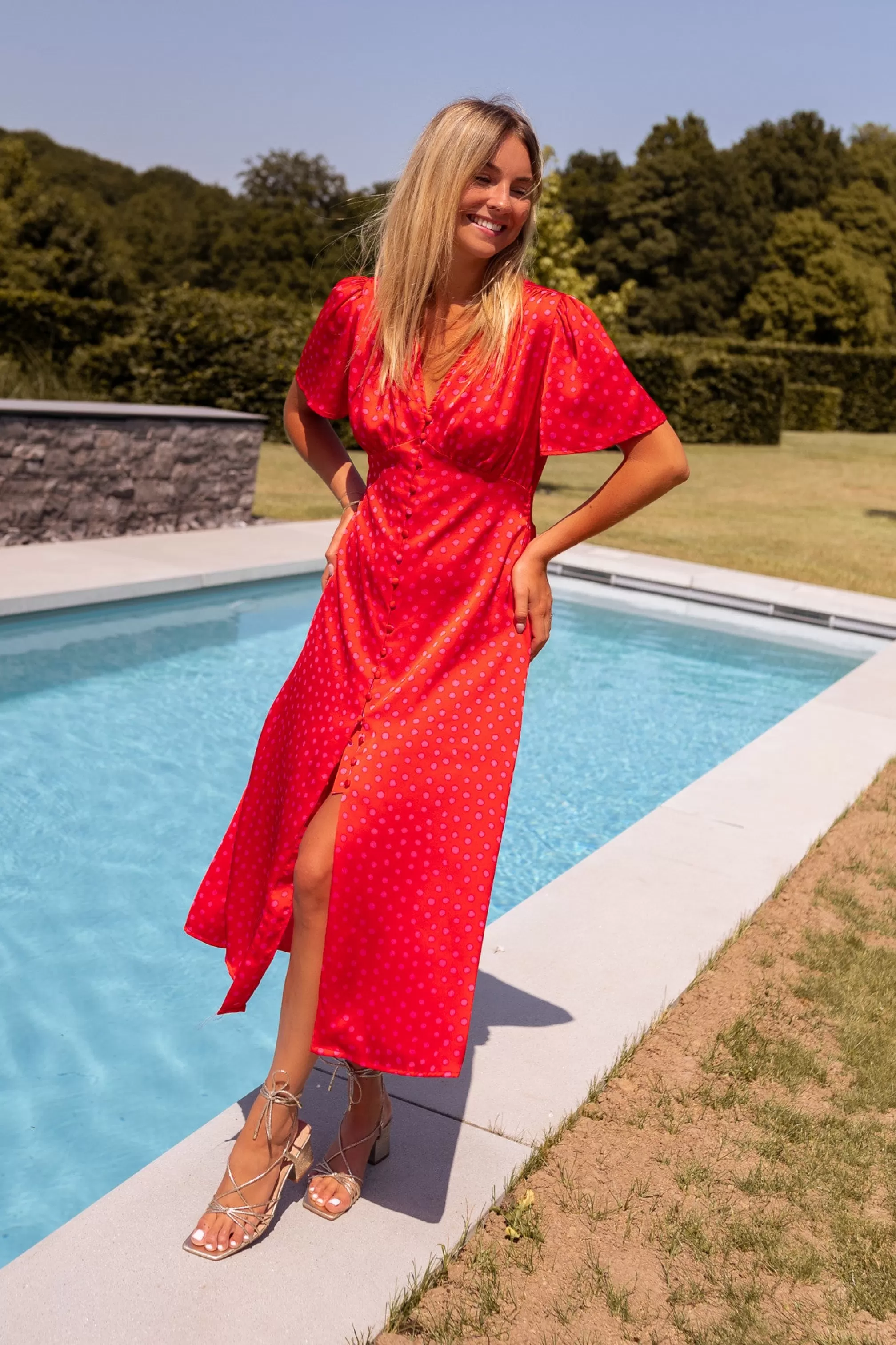 Long DressBaya Pink Polka Dots | Dress Red Midi | Ready To-Porter Online | -Easy Clothes Shop