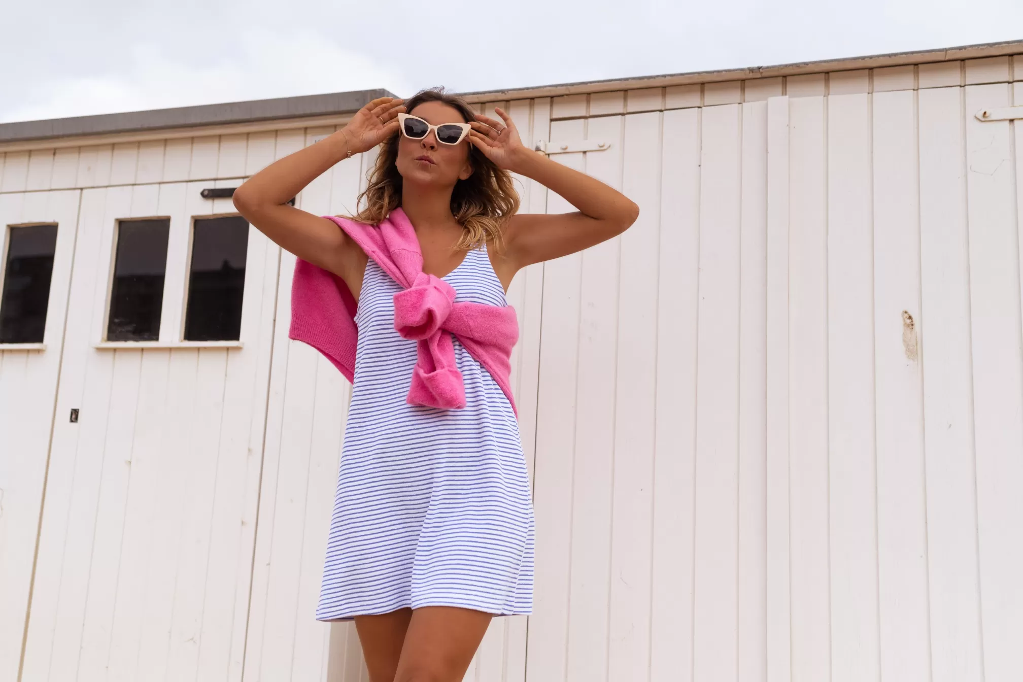 Robe Lovy En éponge Bleu Et écru à Lignes | Robe De Plage Courte | Prêt-à-porter En Ligne | -Easy Clothes Outlet