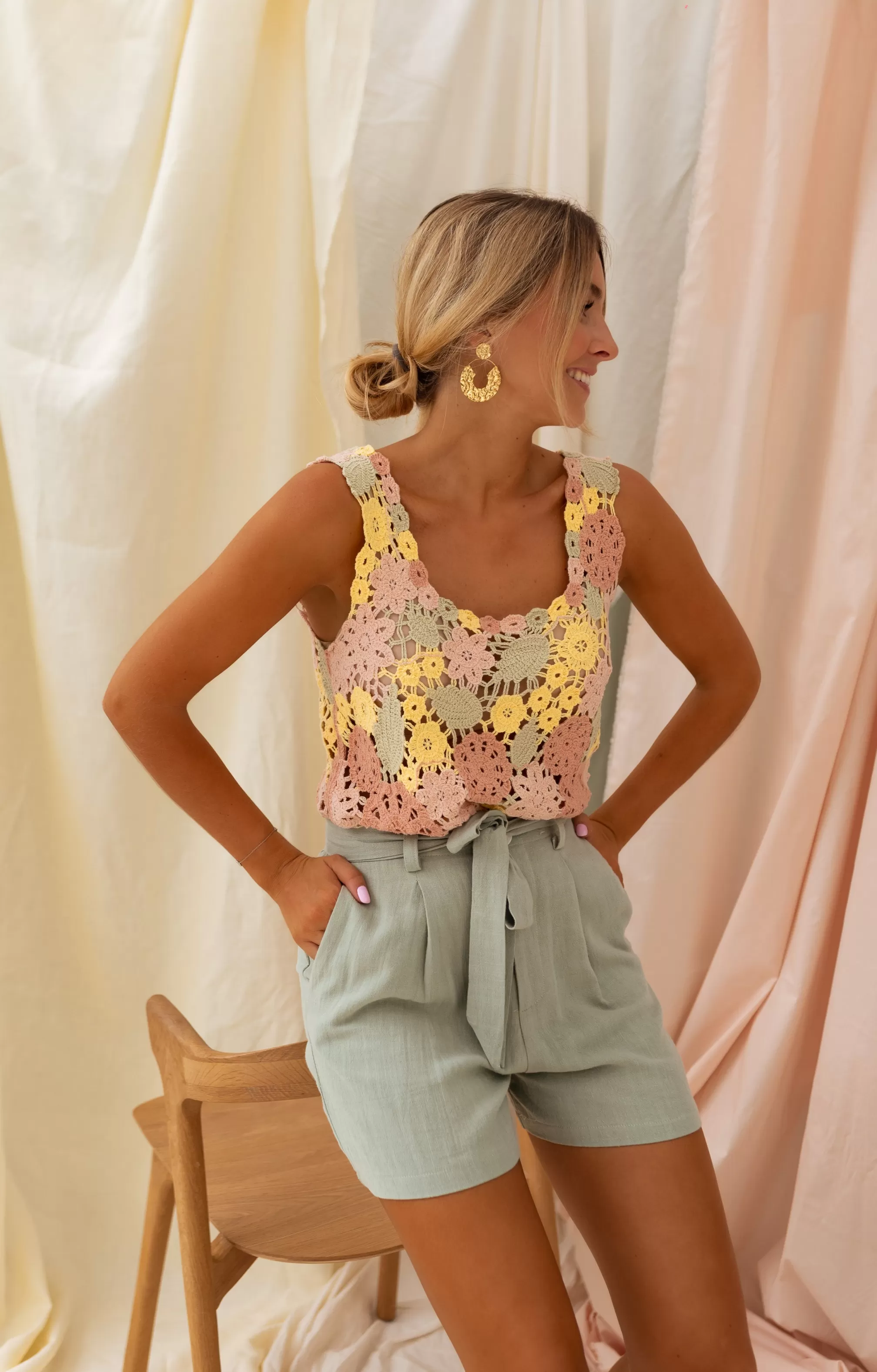 Top In Crochet Florryne - Pink, YELLOW & Khaki - Women's Clothing Summer-Easy Clothes Cheap