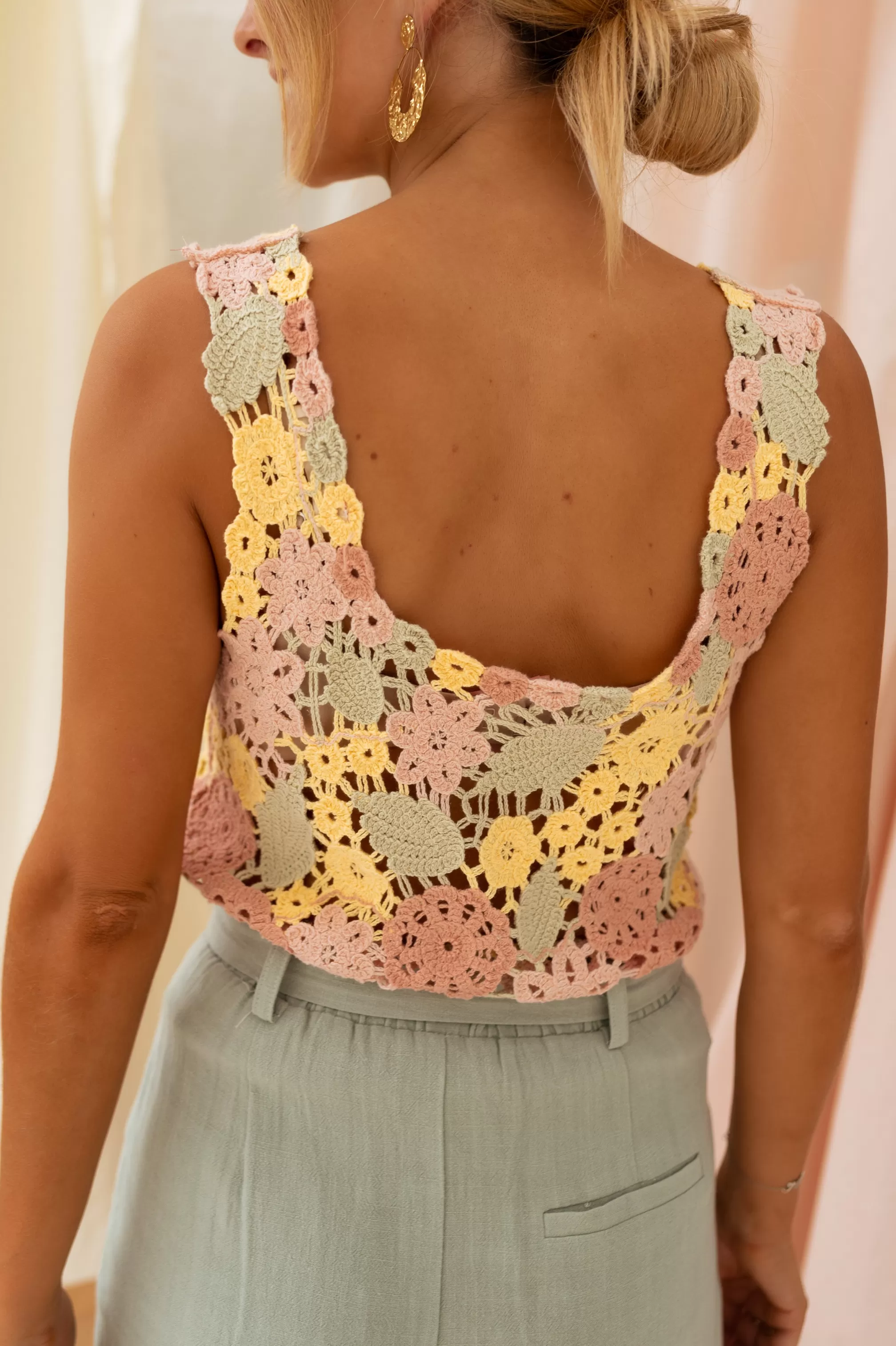 Top In Crochet Florryne - Pink, YELLOW & Khaki - Women's Clothing Summer-Easy Clothes Cheap