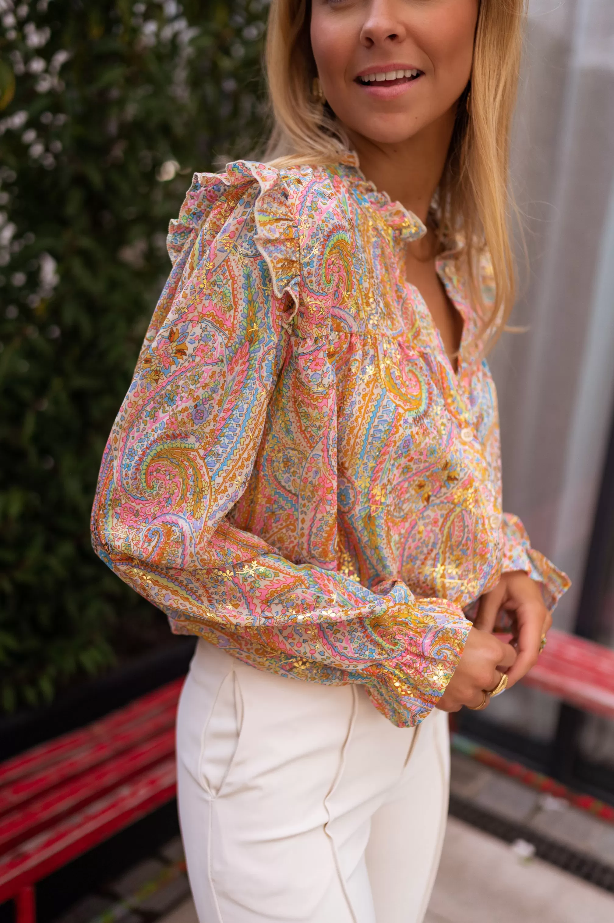 Zelia Orange Blouse And Golden | Blouse Patterned Colorful | Ready To-Porter Online | -Easy Clothes New