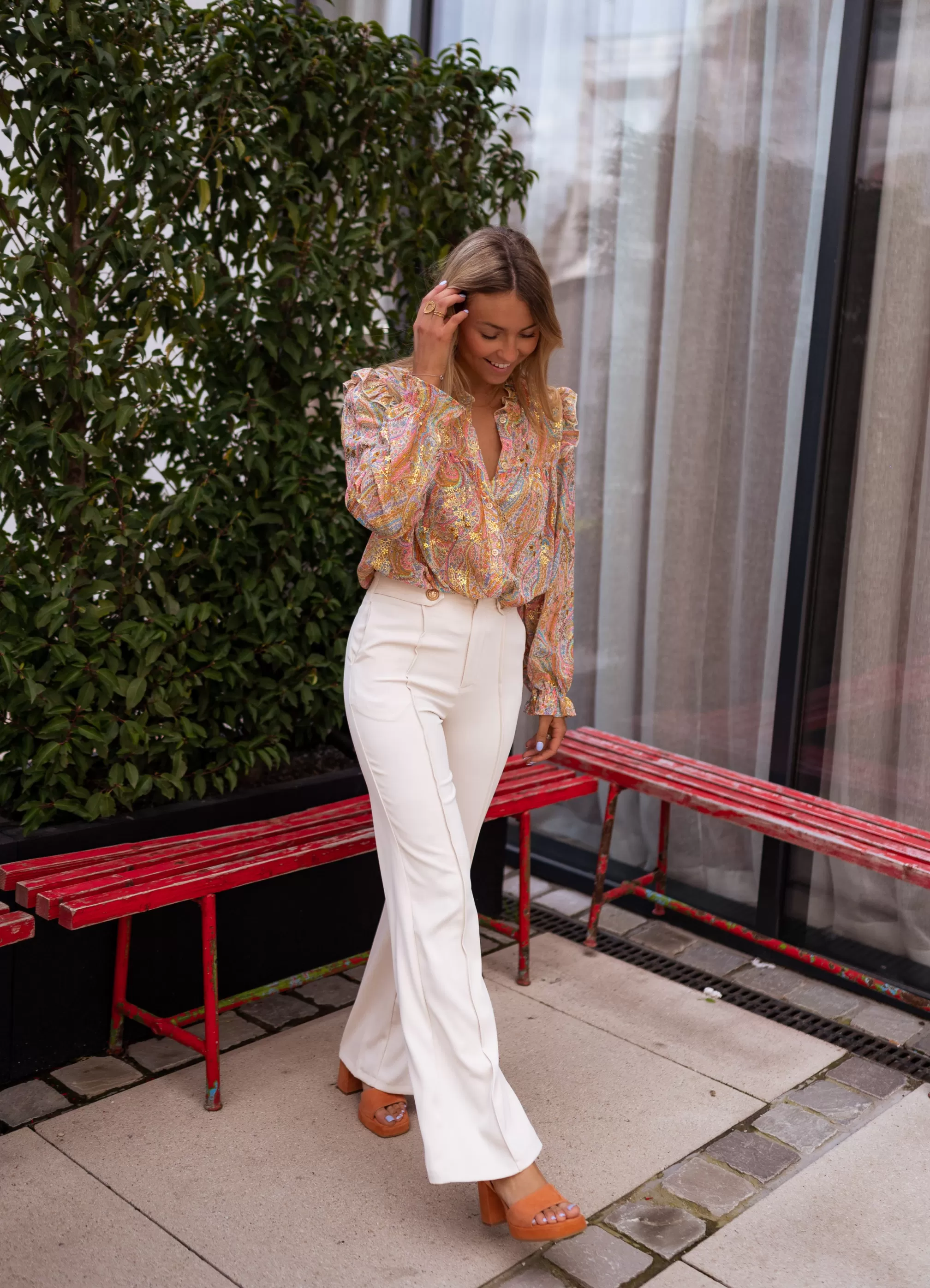 Zelia Orange Blouse And Golden | Blouse Patterned Colorful | Ready To-Porter Online | -Easy Clothes New