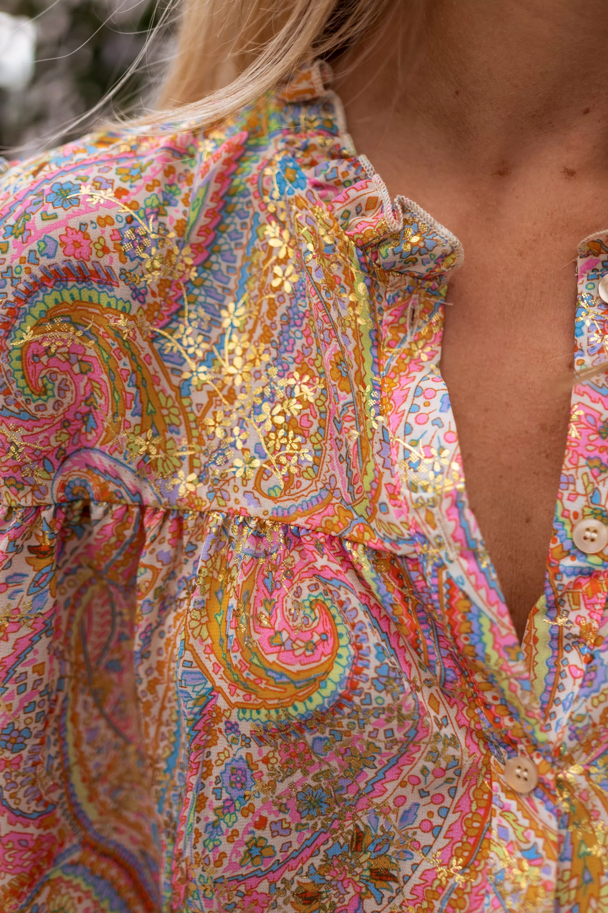 Zelia Orange Blouse And Golden | Blouse Patterned Colorful | Ready To-Porter Online | -Easy Clothes New